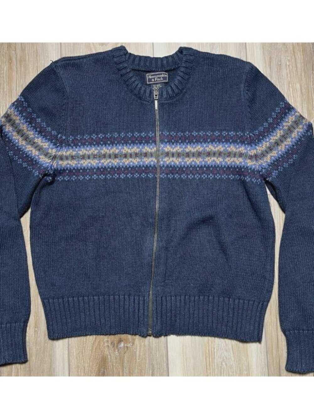 Vintage Abercrombie & Fitch Blue Fair Isle Print Zip Up Sweater - Women Size M